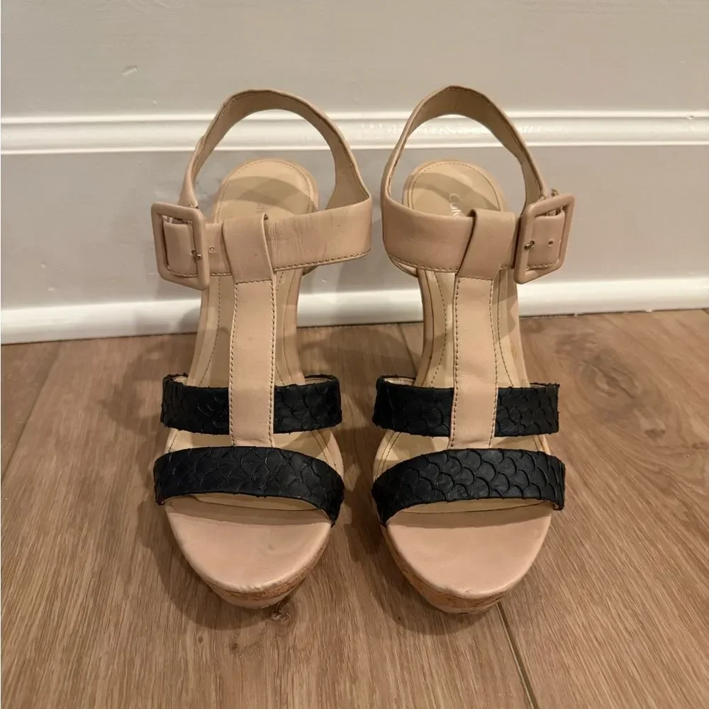Calvin Klein Black and Tan Heels with Ankle Straps